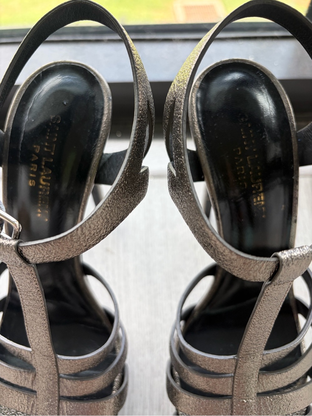 Saint Laurent Metallic Black Strappy Platform Heels - Picture 4 of 6
